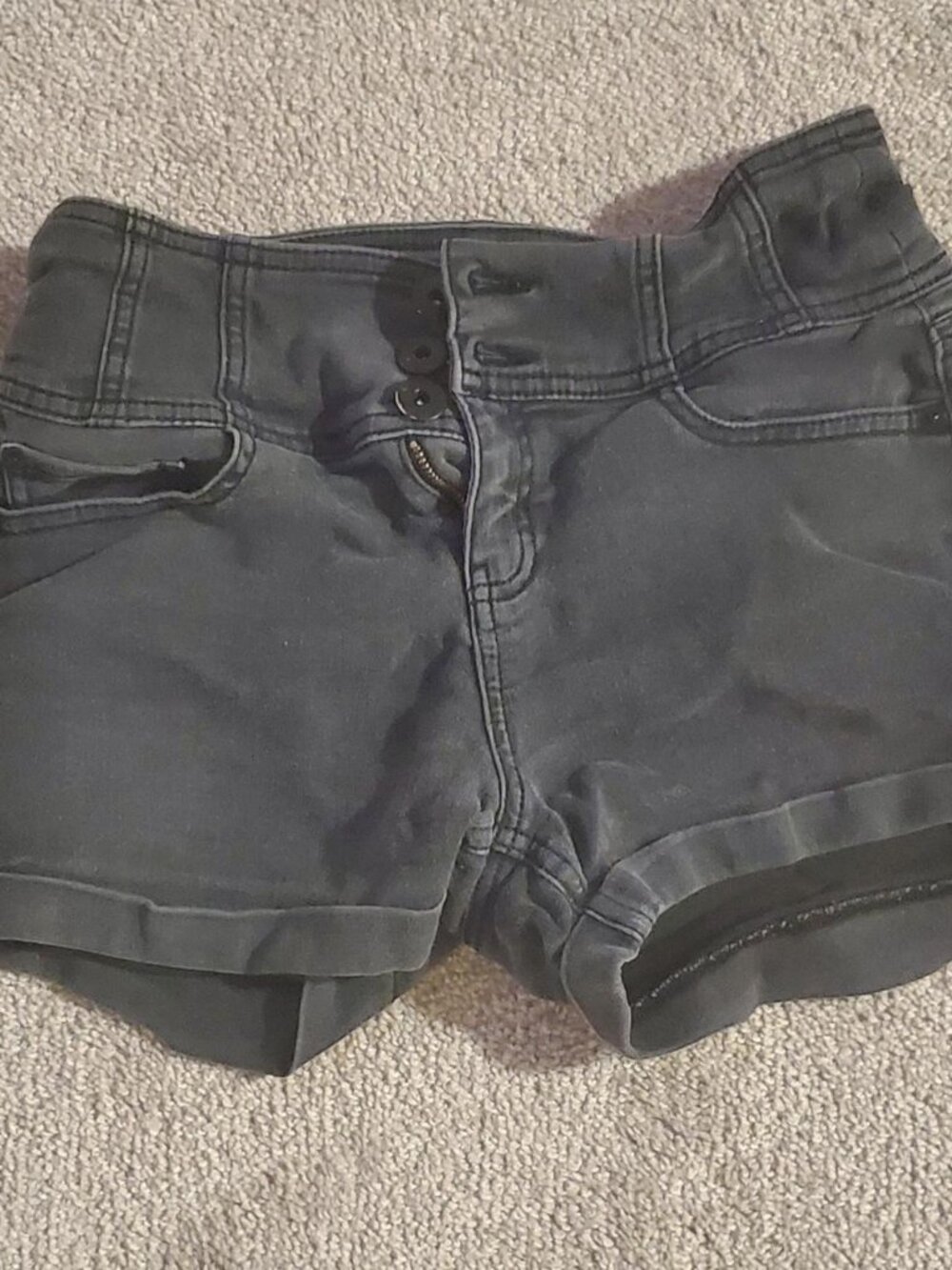 High-Waisted Black Denim Shorts Triple Button Fly Cuffed